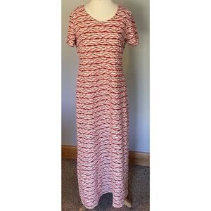ECI VTG Maxi Dress Sz LG‎ Red Brown Pucker Knit Striped Short Cap Sleeve Retro